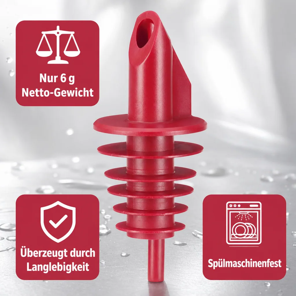 Ausgiesser, Ausgießer - BILLY, für Flaschen 0,5-,5 lt, Rot, Mit 5 Lamellen