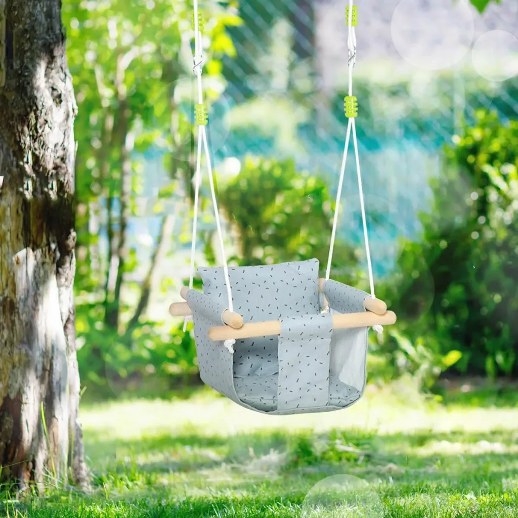 Kinderschaukel mit Sicherheitsgurt, Holzgestell, grau, 40 x 40 x 180