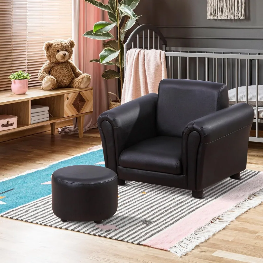 Kindersessel mit Fußhocker Kindercouch Kindersofa Minisofa Kindermöbel Holz Schwarz