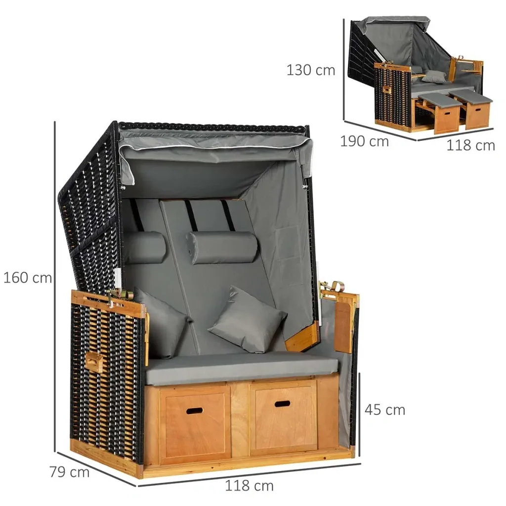Strandkorb Volllieger Gartenliege Getrankehaltern PE Rattan Hellgrau 118 x 79 x 50 cm