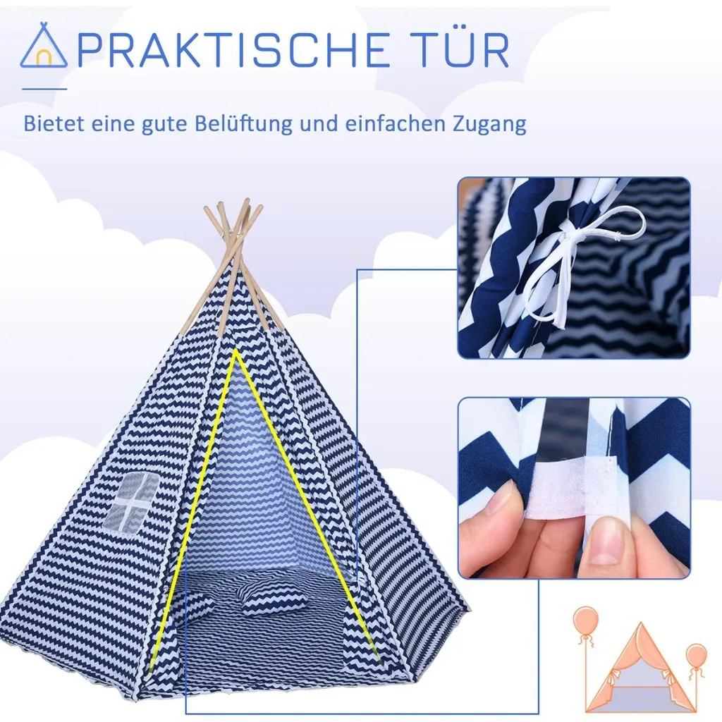 Tipi-Kinderzelt mit Bodenmatte blau, weiß