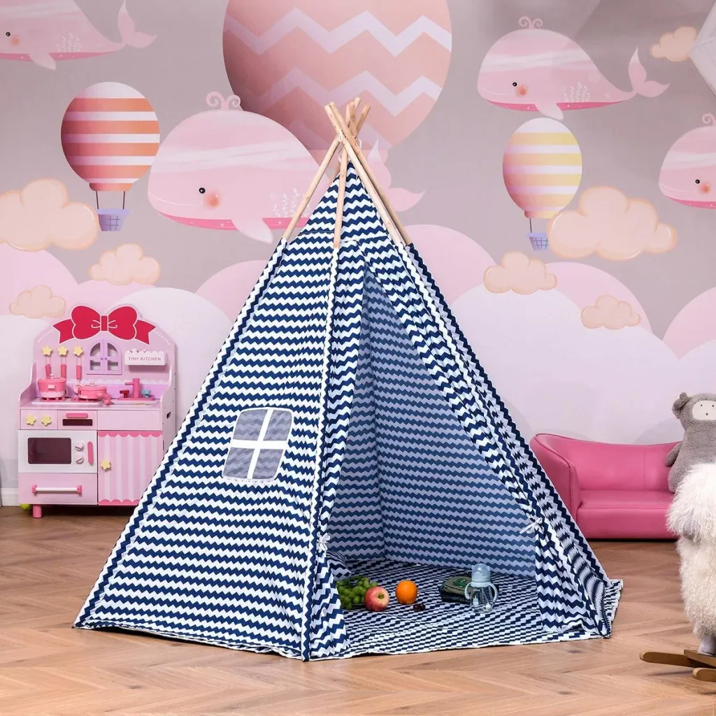Tipi-Kinderzelt mit Bodenmatte blau, weiß