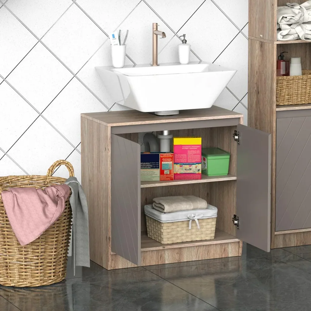 Waschbeckenunterschrank Badschrank Badmöbel mit 2 Türen Unterschrank MDF Grau+Eiche 60 x 30 x 59,8 cm