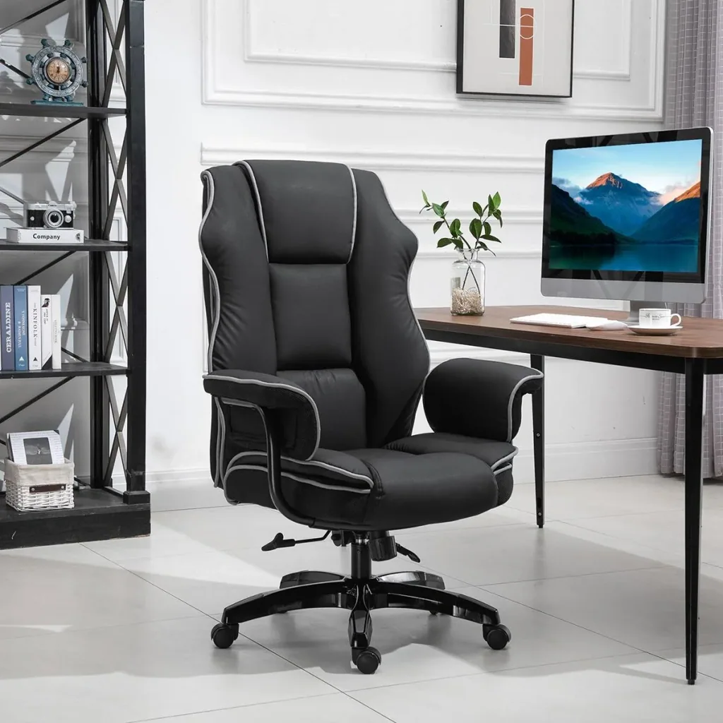 Ergonomischer Bürostuhl mit Armlehnen, Höhenverstellbarer Schreibtischstuhl mit Wippfunktion, Drehstuhl, Kunstleder, Sch