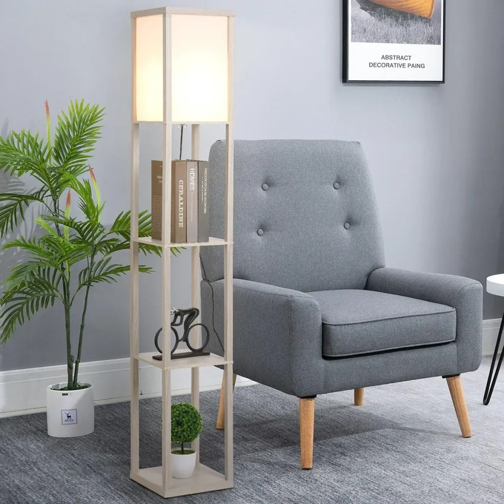 Stehleuchte Stehlampe mit 3 Regalen Innenbeleuchtung E27 bis 40W für Wohn-/Schlafzimmer E1-MDF, Acryl Eiche+Weiß 26 x 26