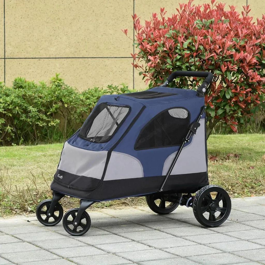 Hundebuggy Hundewagen mit 4 Räder Haustierbuggy für mittelgroße Hunde faltbar Oxford Blau+Grau 104,5 x 68,5 x 110 cm
