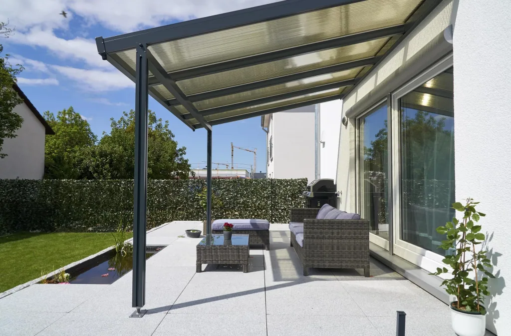 Terrassendach Premium, anthrazit, 4102 x 4060 mm - Acryl Stegplatten 16mm, bronze