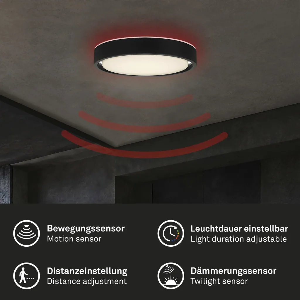 LED Deckenleuchte, rund, Ø 36 cm, CCT, Bewegungssensor, 30 Watt, schwarz