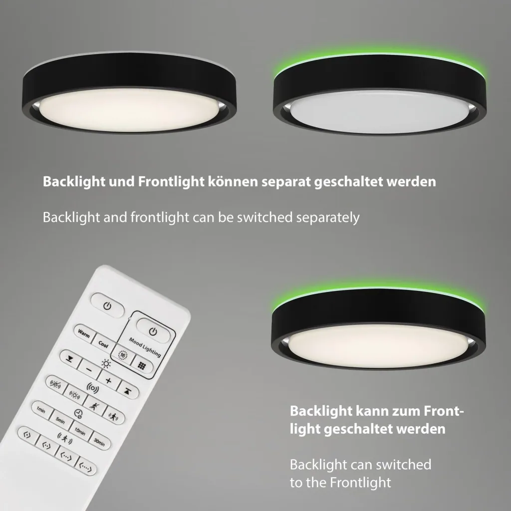 LED Deckenleuchte, rund, Ø 36 cm, CCT, Bewegungssensor, 30 Watt, schwarz
