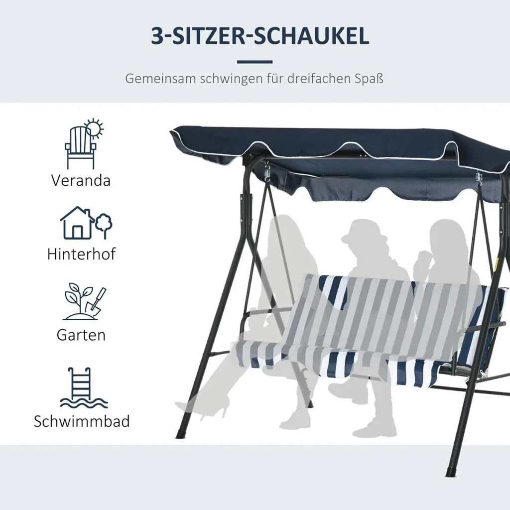 Hollywoodschaukel Gartenschaukel Schaukelbank 3-Sitzer mit Dach Stahl Blau+Weiß 172 x 110 x 153 cm