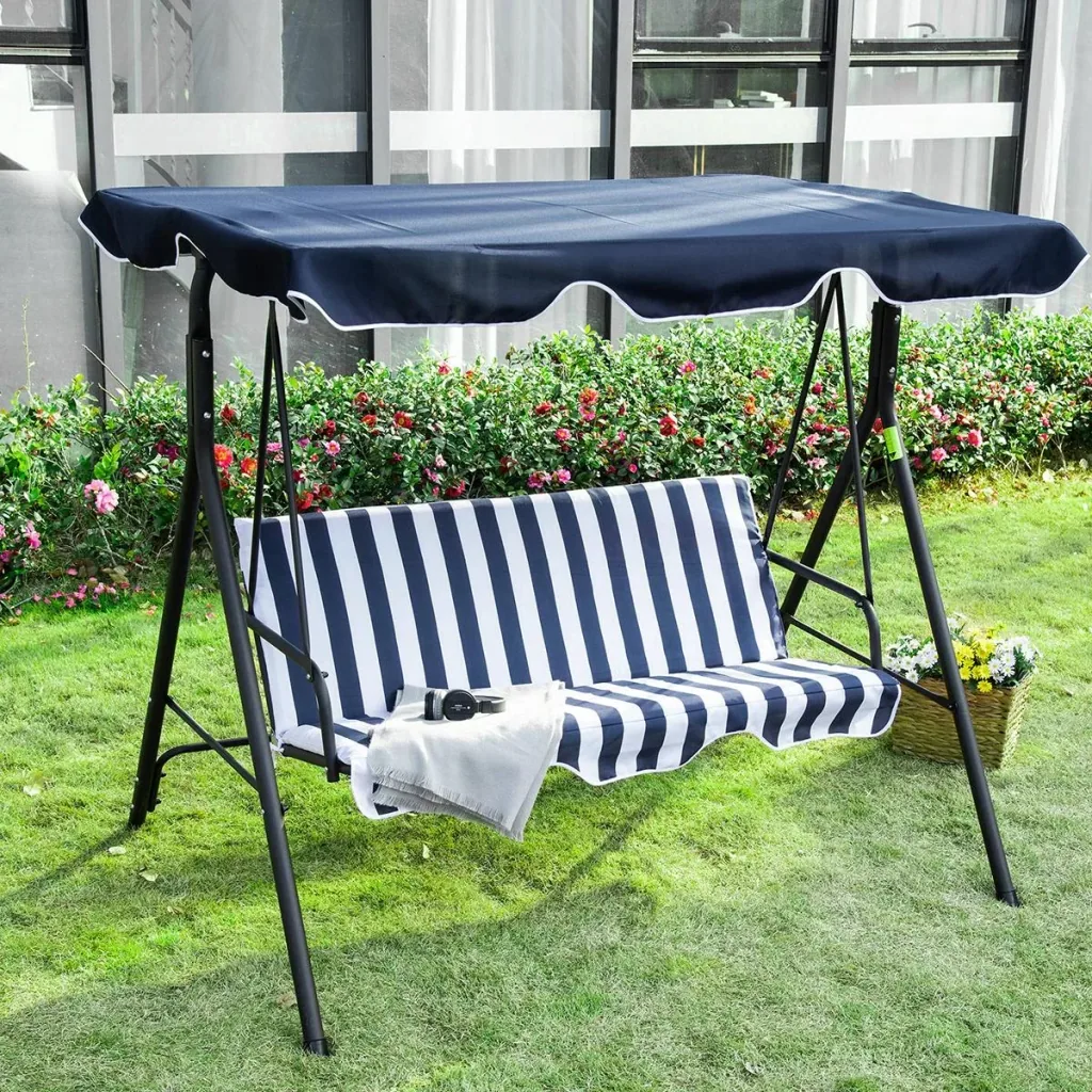 Hollywoodschaukel Gartenschaukel Schaukelbank 3-Sitzer mit Dach Stahl Blau+Weiß 172 x 110 x 153 cm