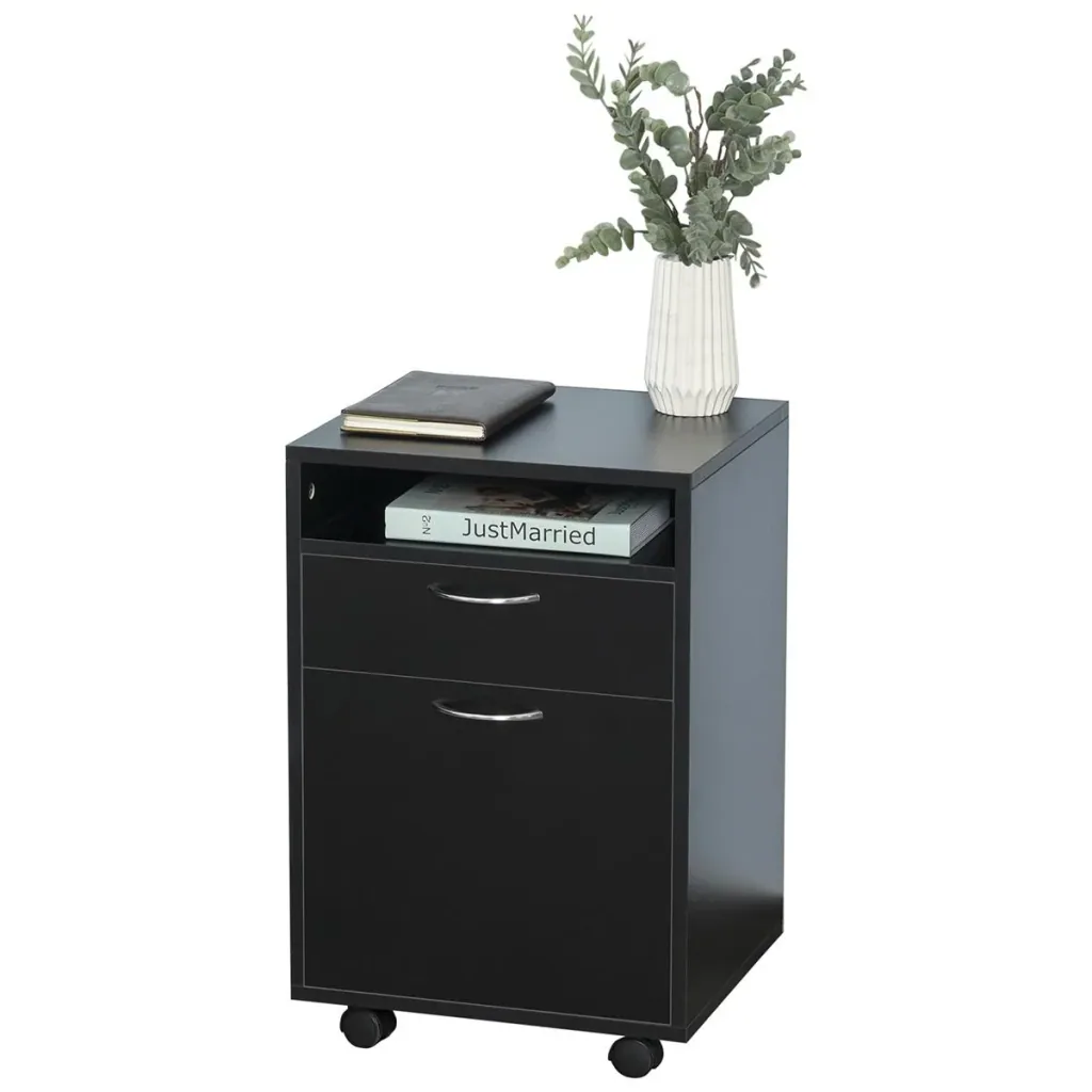 Rollcontainer, Aktenschrank, Bürocontainer mit Schublade, Büroschrank, Aufbewahrung Container, Spanplatte, Schwarz, 40 x