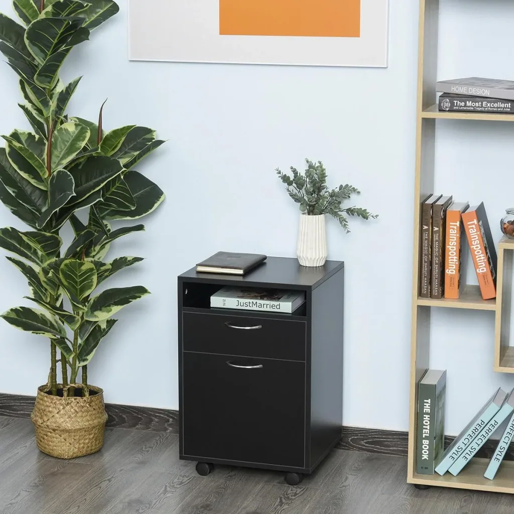 Rollcontainer, Aktenschrank, Bürocontainer mit Schublade, Büroschrank, Aufbewahrung Container, Spanplatte, Schwarz, 40 x