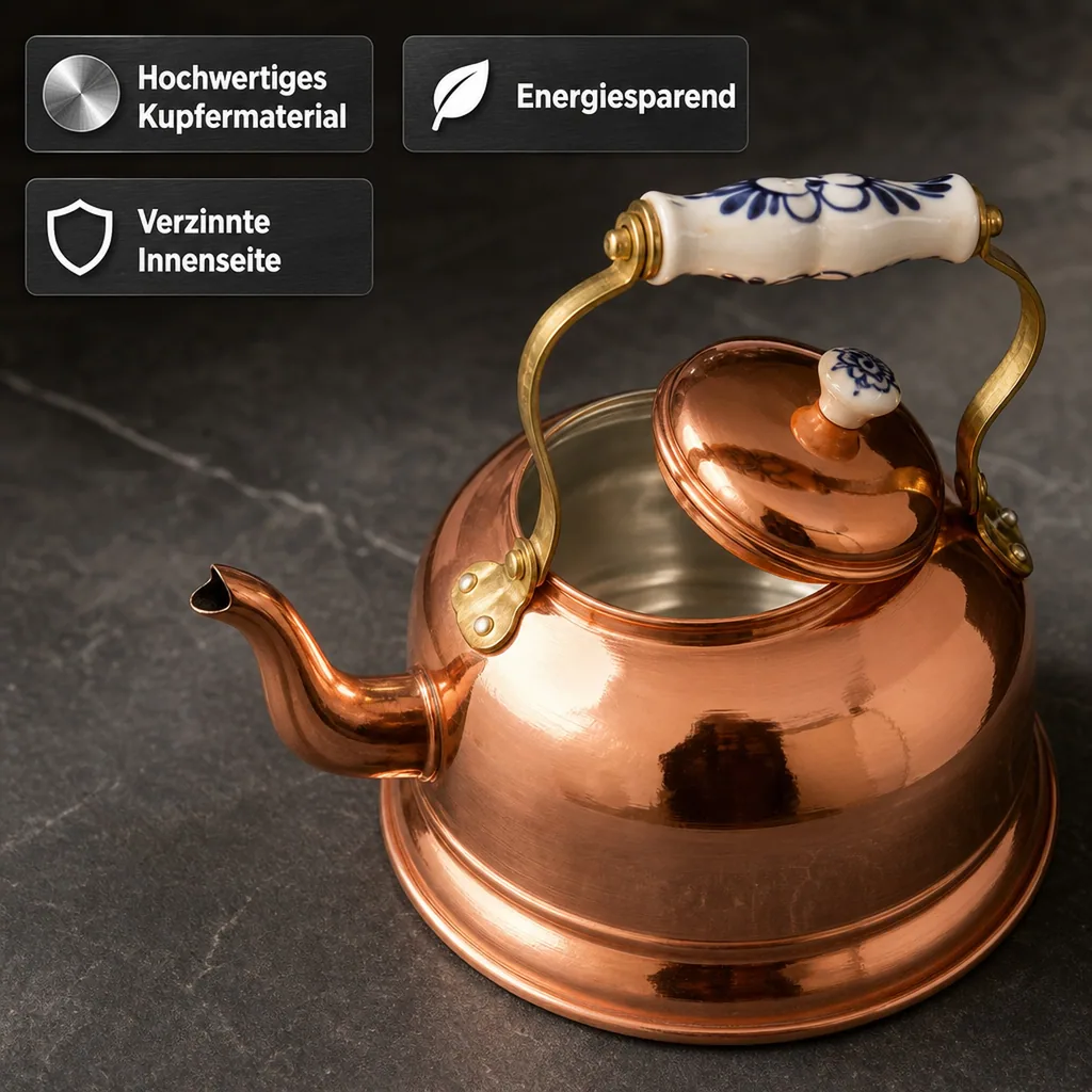 Wasserkessel, Teekessel - aus Kupfer, mit Porzellanhenkel, 1,5L