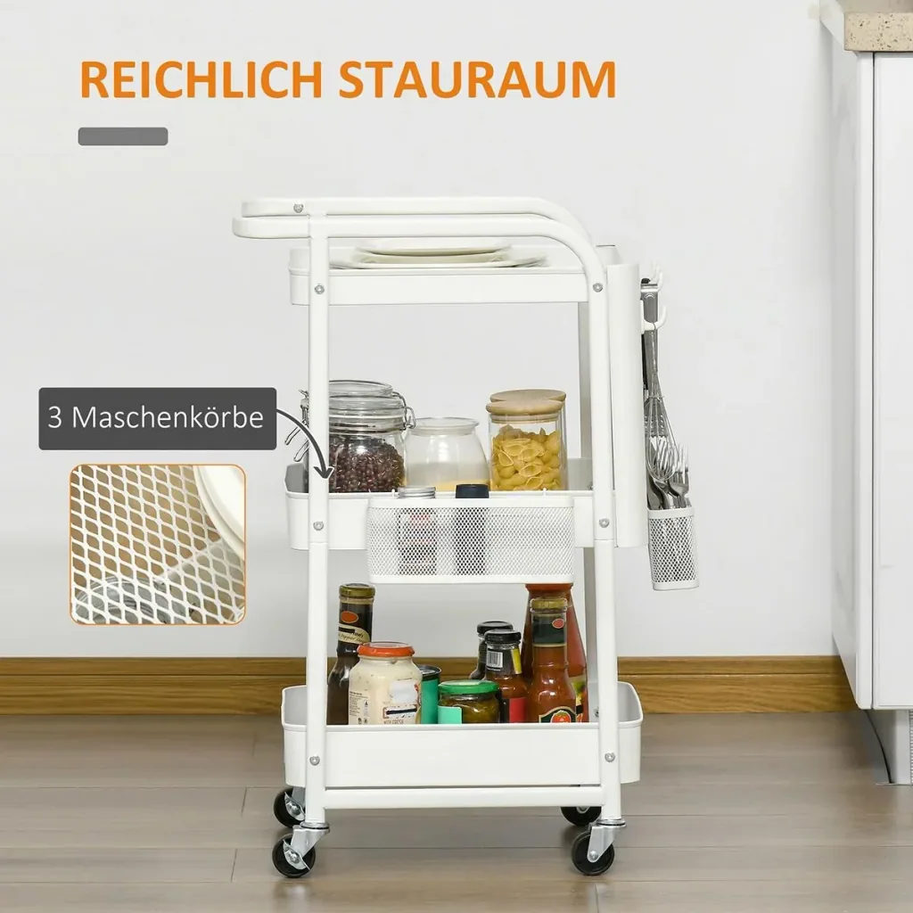Druckertisch, Druckerständer, Bürowagen, Rollwagen mit Schublade+2 Ablagen+CPU-Ständer, Spanlatte, Weiß, 60 x 40 x 68,5