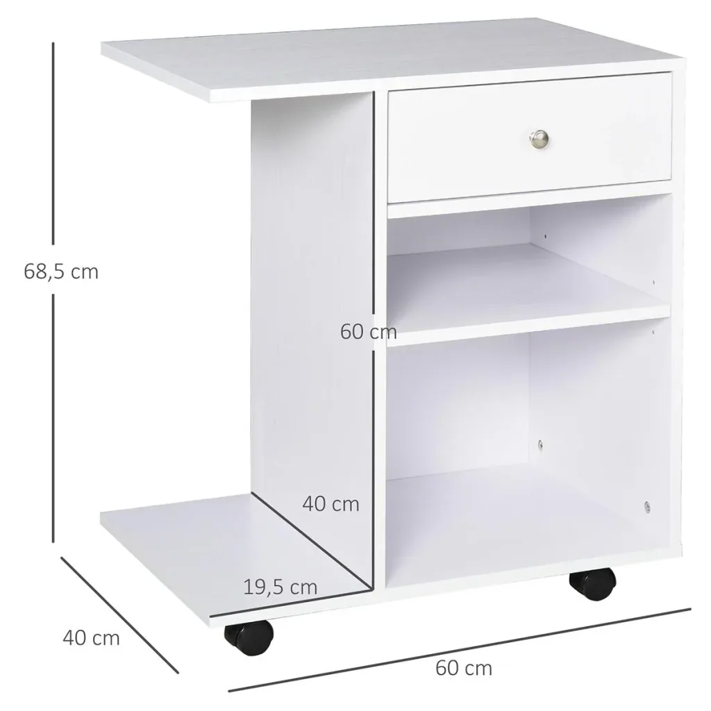 Druckertisch, Druckerständer, Bürowagen, Rollwagen mit Schublade+2 Ablagen+CPU-Ständer, Spanlatte, Weiß, 60 x 40 x 68,5