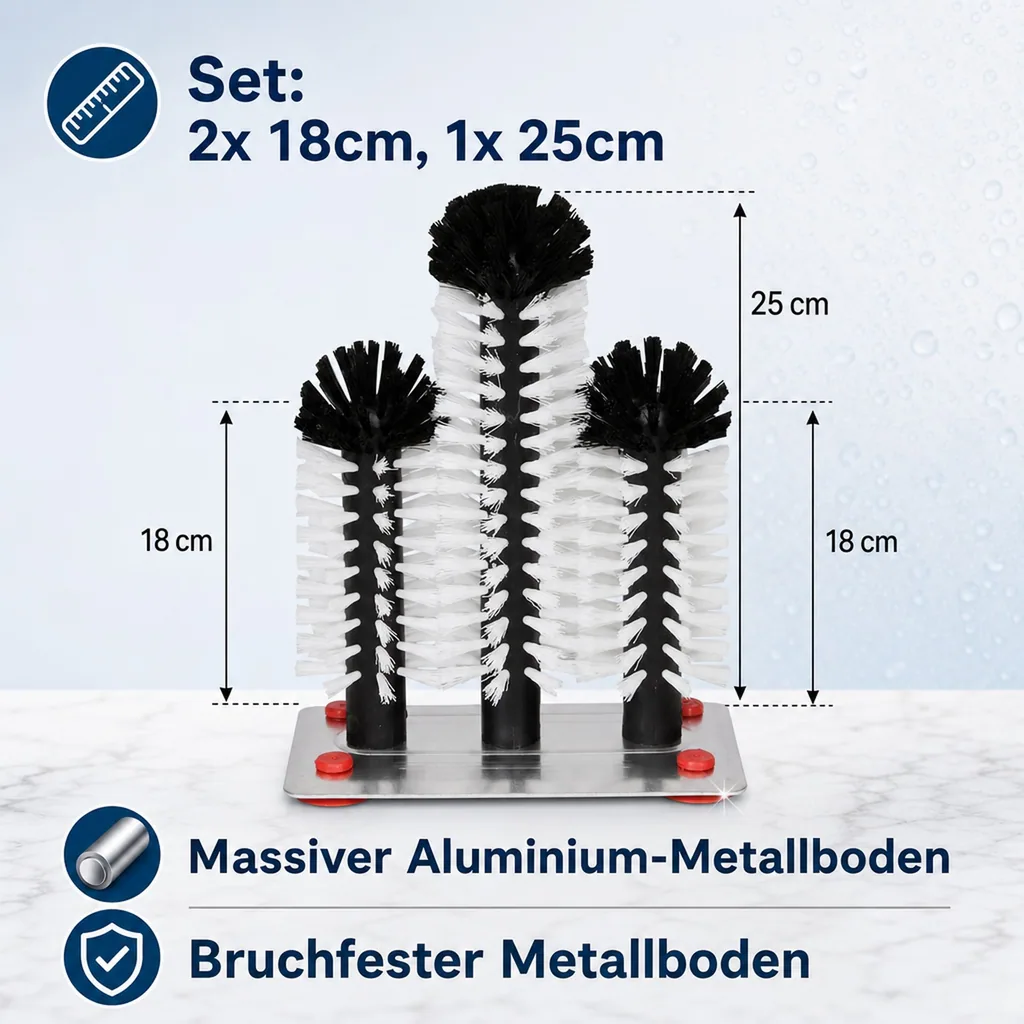 Gläserspülbürste, Gläserspülgerät mit Metallboden, 2 x 18 cm u. 1 x 25 cm