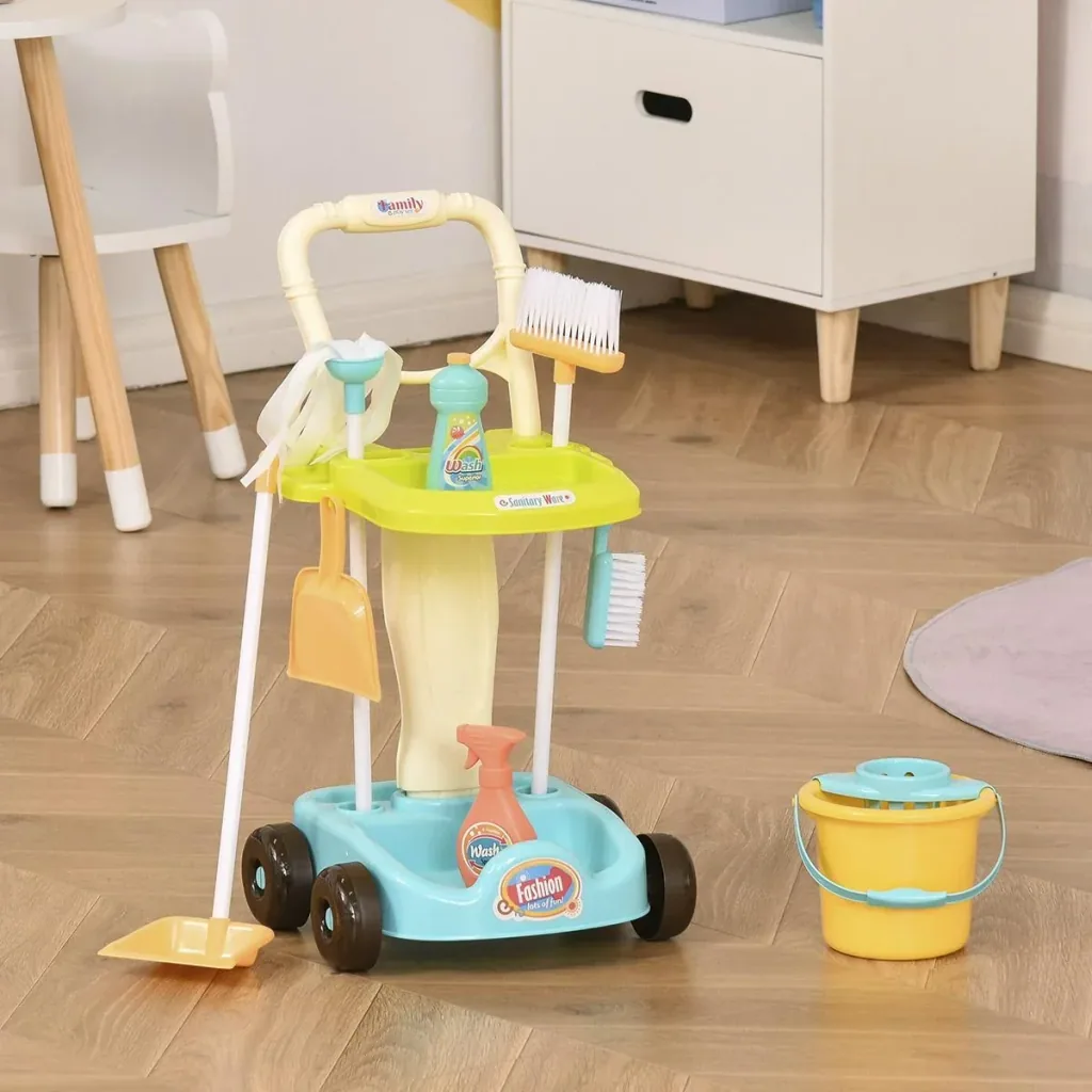 Besenwagen Putzwagen mit Zubehör Putzset für Kinder Rollenspiel Reinigungsspielzeug 17 Stück mit Besen Mopp Kehrschaufel
