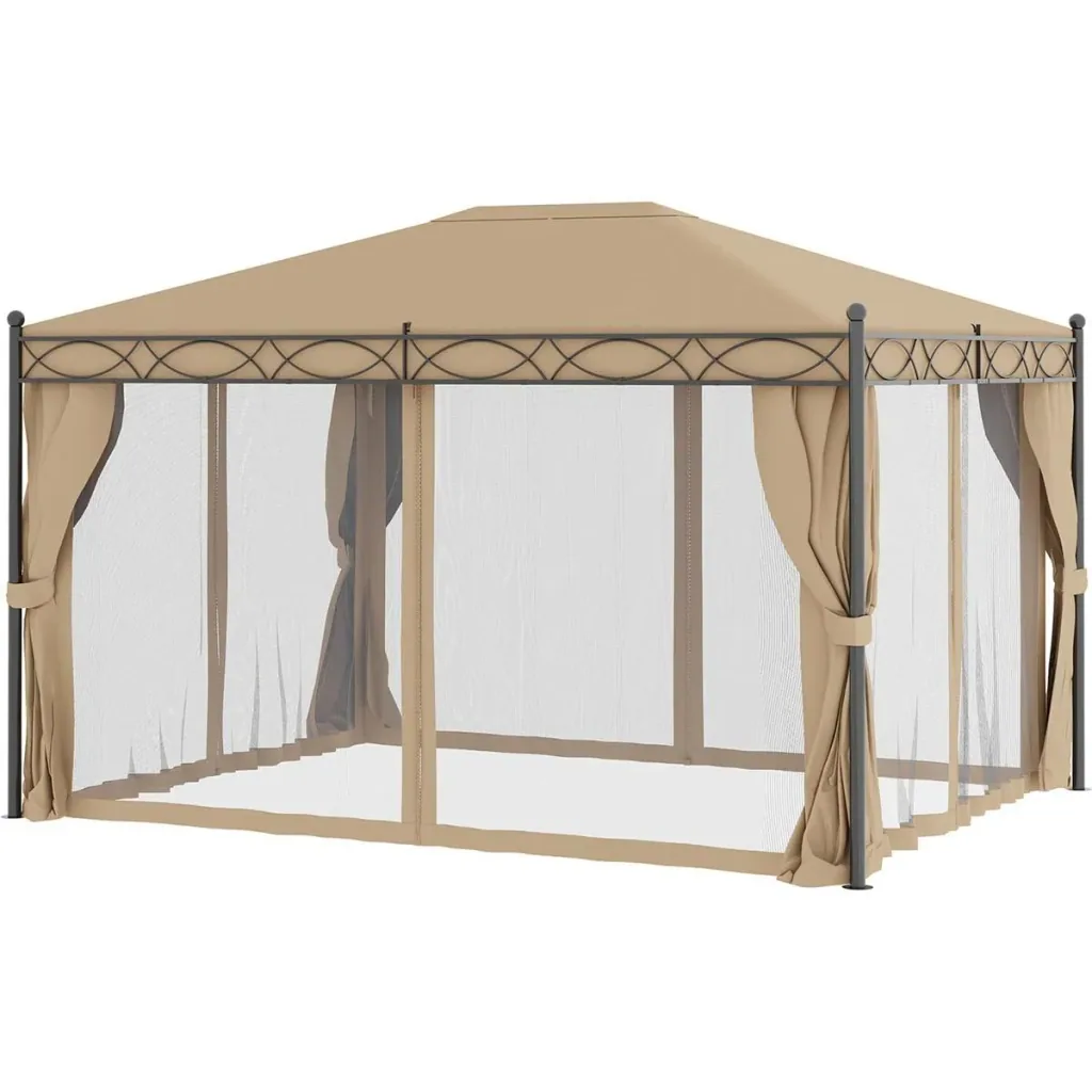 Pavillon mit Seitenwänden und Moskitonetz, Beige, 4 x 3 m