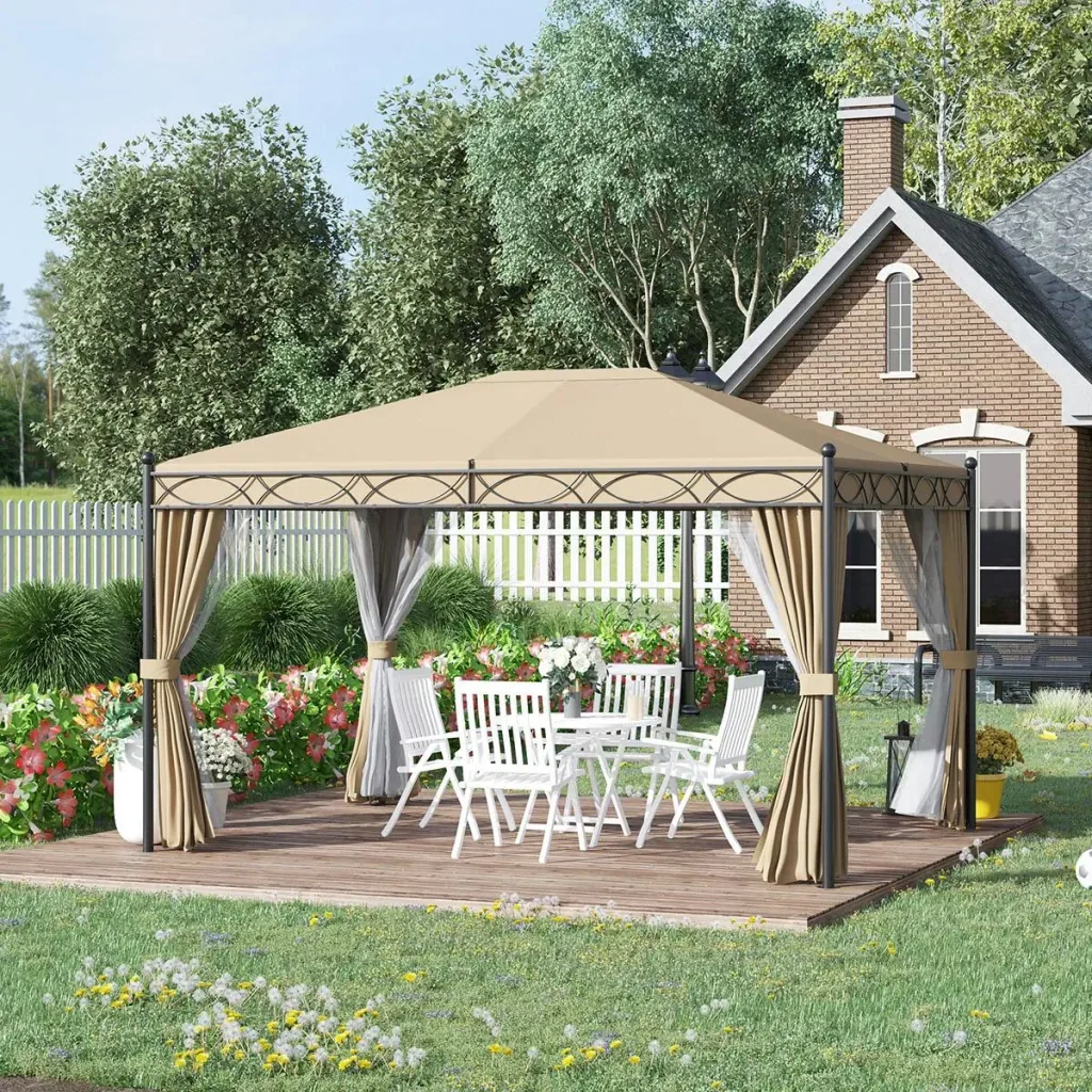 Pavillon mit Seitenwänden und Moskitonetz, Beige, 4 x 3 m
