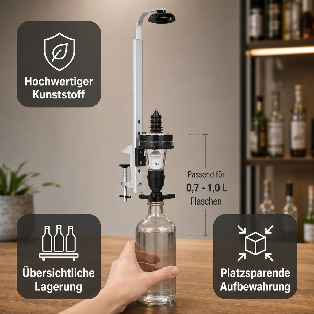 PRIMA Portionierer 2,0 cl (20 ml) für Schnapsflaschen 0,7 - 1,0 Liter - Platzsparend mit Regalhalter