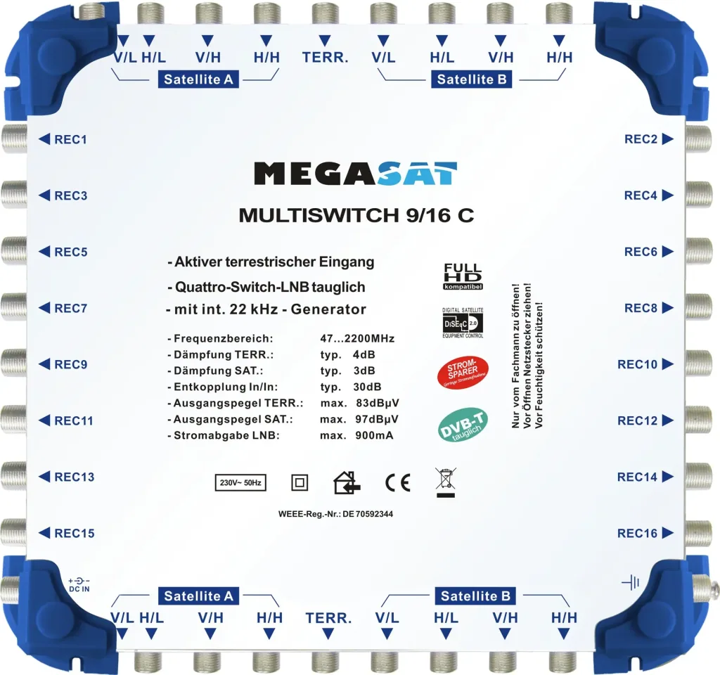 Multischalter 9/16 C - Erweiterbares System. Geeignet für 2 Satelliten bis zu 16 Teilnehmer pro Multischalter