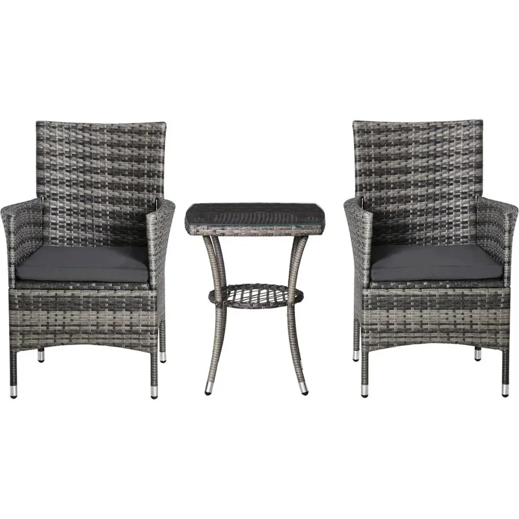 3-tlg. Garten-Set mit Beistelltisch, Polyrattan, Stahl, 60 x 58,5 x 89,5 cm, Grau