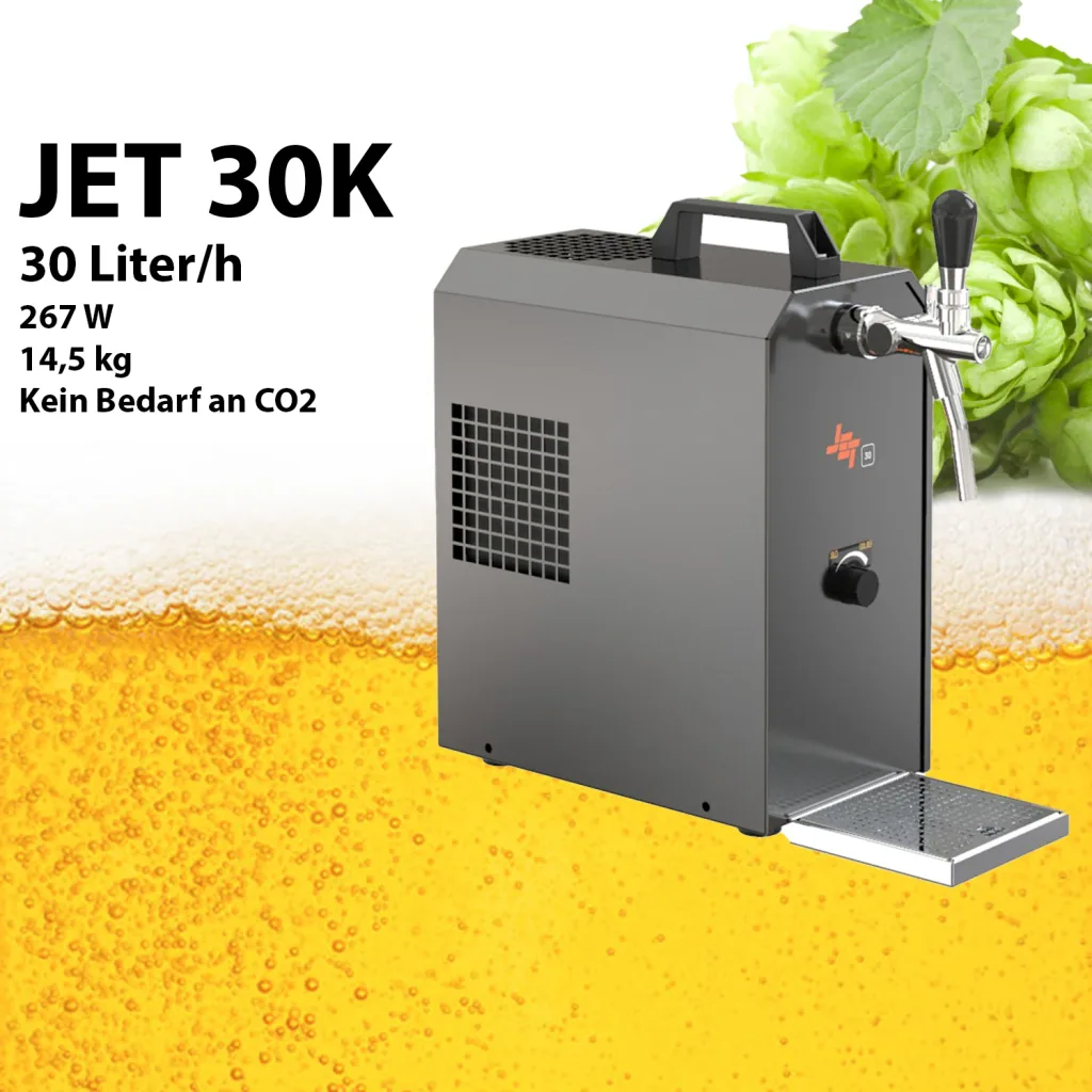 Zapfanlage, Bierzapfanlage JET 30K Bierkoffer mit Luftpumpe Durchlaufkühler 1-leitig Trockenkühler, bis zu 30 Liter/h