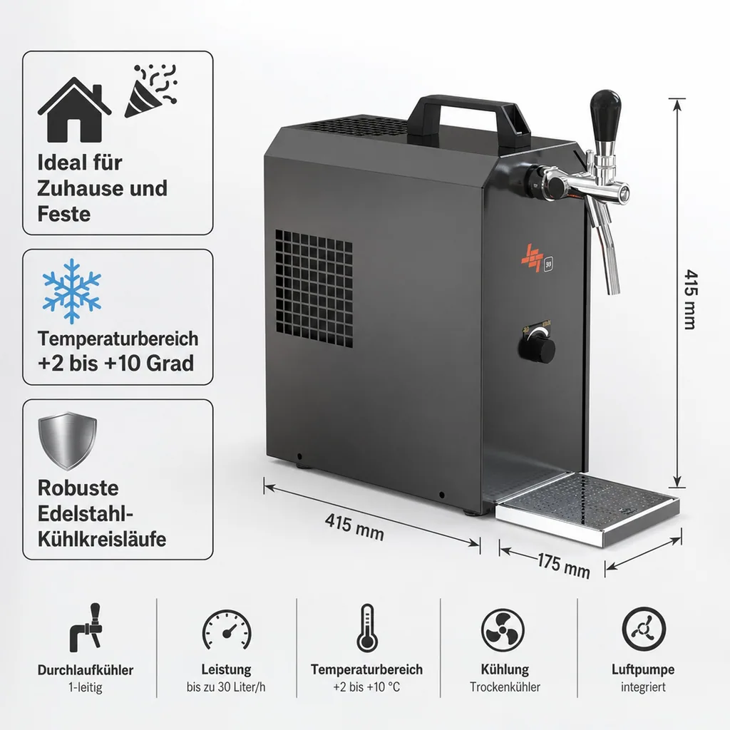 Zapfanlage, Bierzapfanlage JET 30K Bierkoffer mit Luftpumpe Durchlaufkühler 1-leitig Trockenkühler, bis zu 30 Liter/h