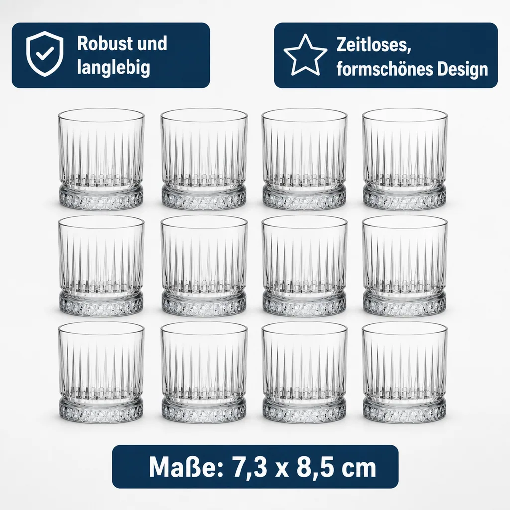 Whiskygläser, Whiskybecher - Elysia, 12er-Set, Stilvolle Gläser für Whisky & mehr, 210ml