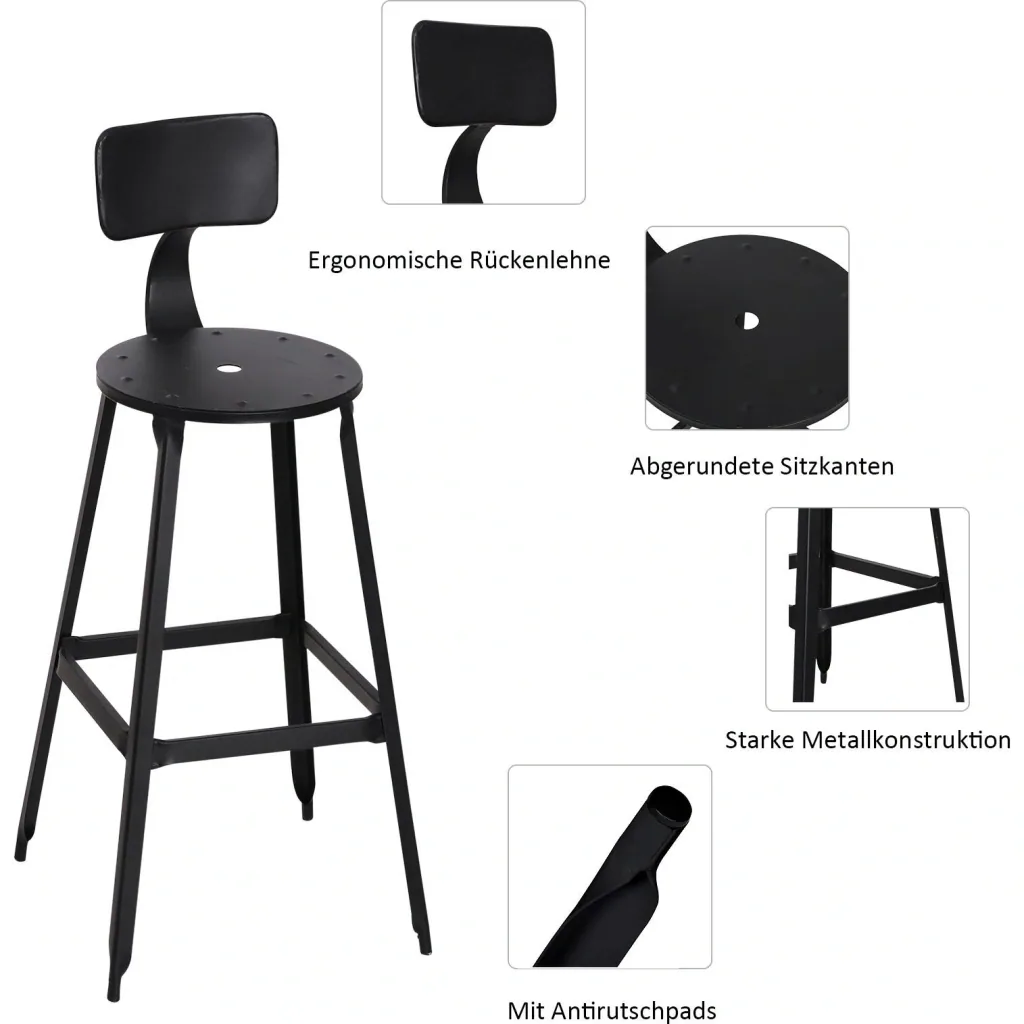 2er-Set Barhocker Bistrostuhl Küchenhocker Metallhocker mit Antirutschpads mit Rückenlehne