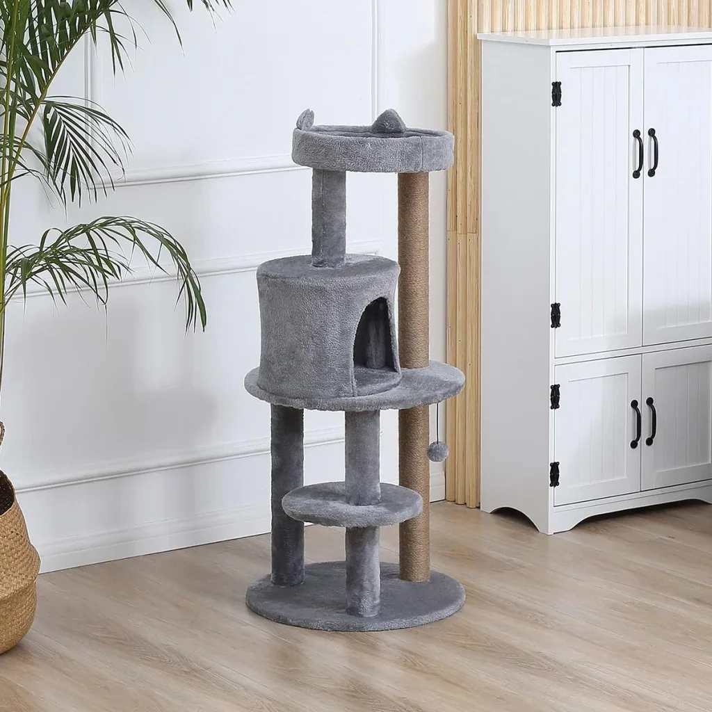 Katzenbaum 4-Stock Katzenhöhle Katzenhaus mit Spielbällen Sitzstange Sisalsäule und Kratzbrett groß stabil luxuriös Sisa