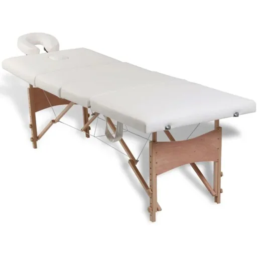 Zusammenklappbare Massageliege mit Holzgestell (vierteilig / cremeweiß)
