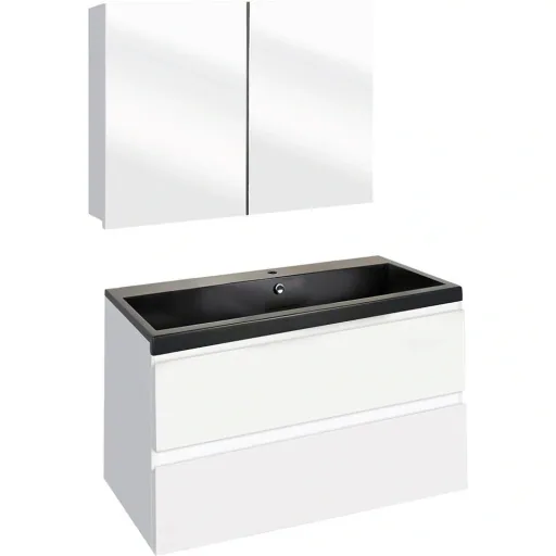 Concept Badezimmermöbel met Spiegelschrank 80cm - Weiss/schwartz