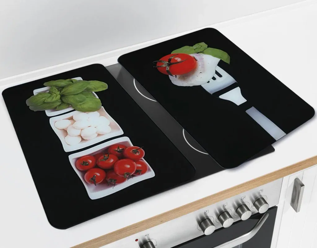 3 in 1 Herd-Abdeckplatten, Schneidbretter, Arbeitsplatten, Glas, Caprese-Design, je 52 x 30 cm, 2er-Set
