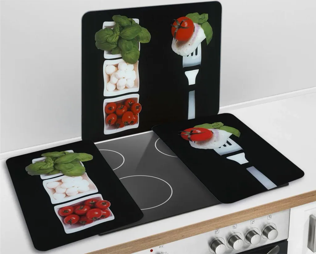 3 in 1 Herd-Abdeckplatten, Schneidbretter, Arbeitsplatten, Glas, Caprese-Design, je 52 x 30 cm, 2er-Set