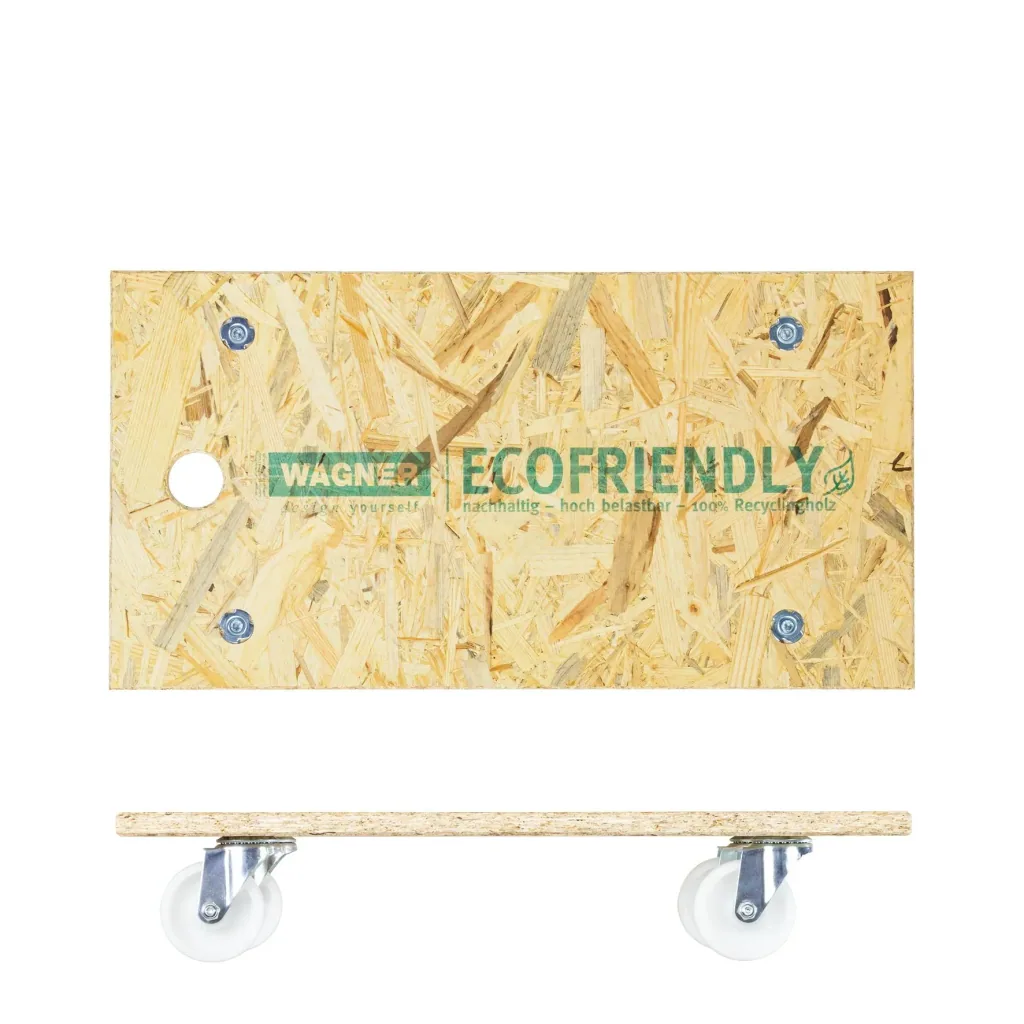 Transporthilfe MM 1141, 57,5 x 30 x 11 cm, harte Rollen Ø 75 mm, Rollenlager, OSB Platte, CO2-neutral, Tragkraft 250 kg