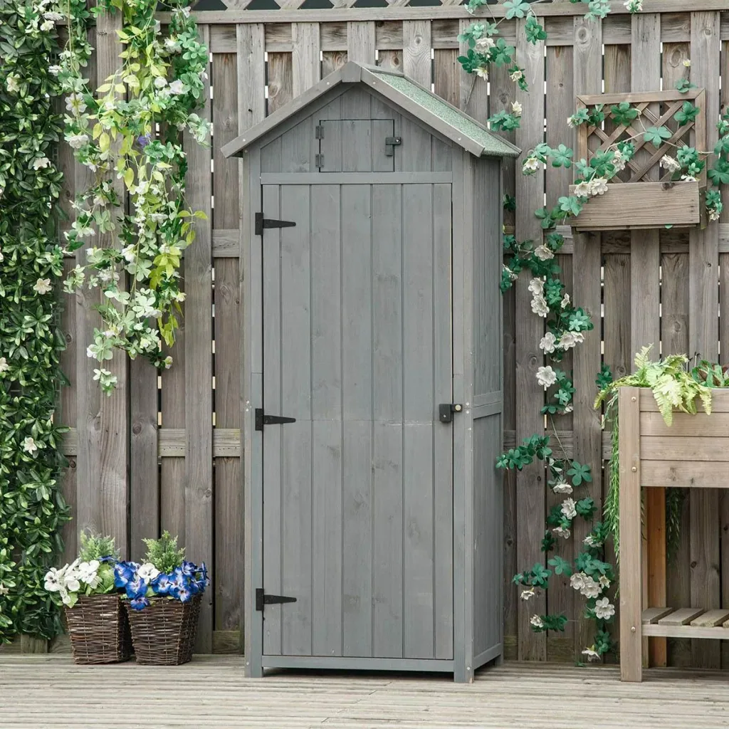 Gartenschrank Gartenhaus Gerätehaus Geräteschuppen mit Fachböden Asphaltdach Fenster Holz Grau+Grün 77 x 54,2 x 179 cm