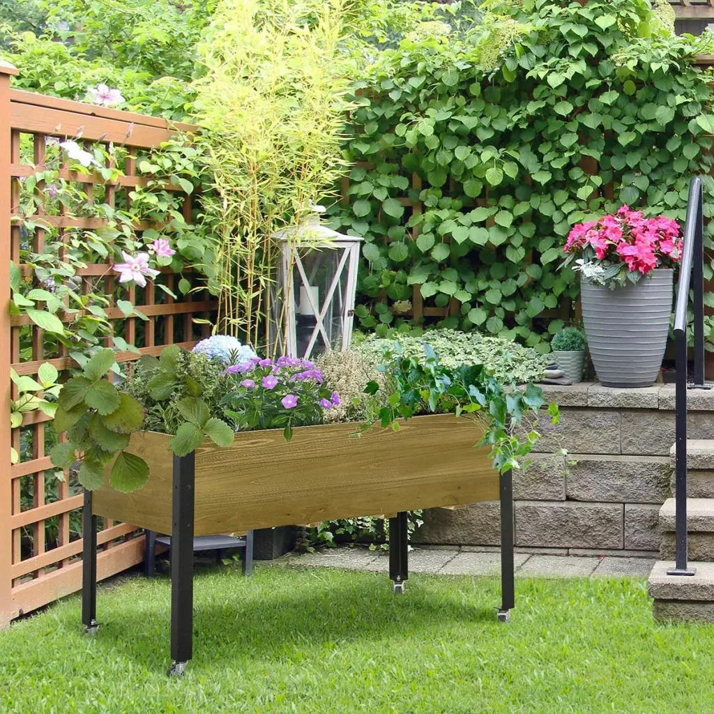 Hochbeet mit Rädern Pflanztisch Blumenkasten mit Abfluss Massivholz Vliesstoff Hellbraun 120 x 60,5 x 66 cm