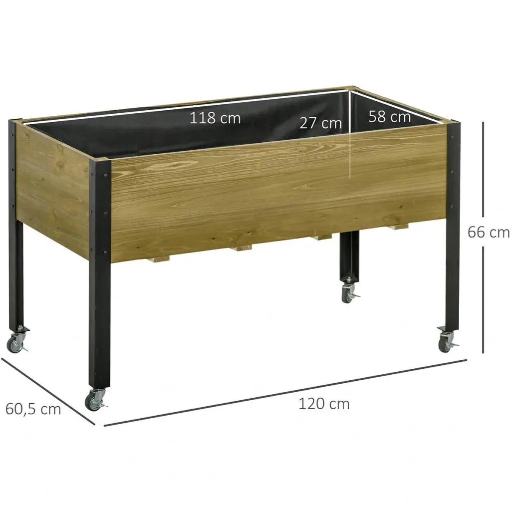 Hochbeet mit Rädern Pflanztisch Blumenkasten mit Abfluss Massivholz Vliesstoff Hellbraun 120 x 60,5 x 66 cm