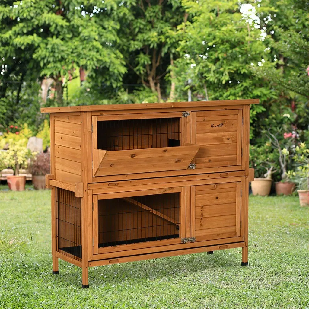 Kaninchenstall Holz Doppelboden mit Asphaltdach Stahl Orange 120 x 50 x 104 cm
