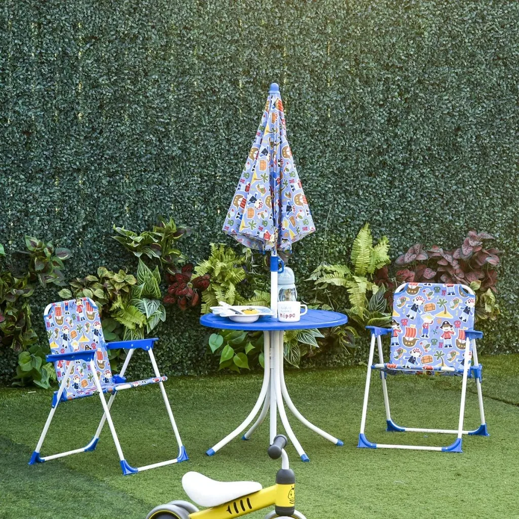 4tlg. Kindersitzgruppe Gartentisch 2 Klappstühle Sonnenschirm Camping Kindersitzgarnitur Gartenmöbel für 3-5 Jahre Blau