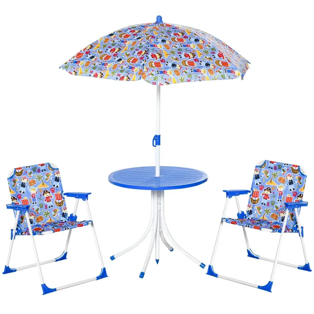 4tlg. Kindersitzgruppe Gartentisch 2 Klappstühle Sonnenschirm Camping Kindersitzgarnitur Gartenmöbel für 3-5 Jahre Blau