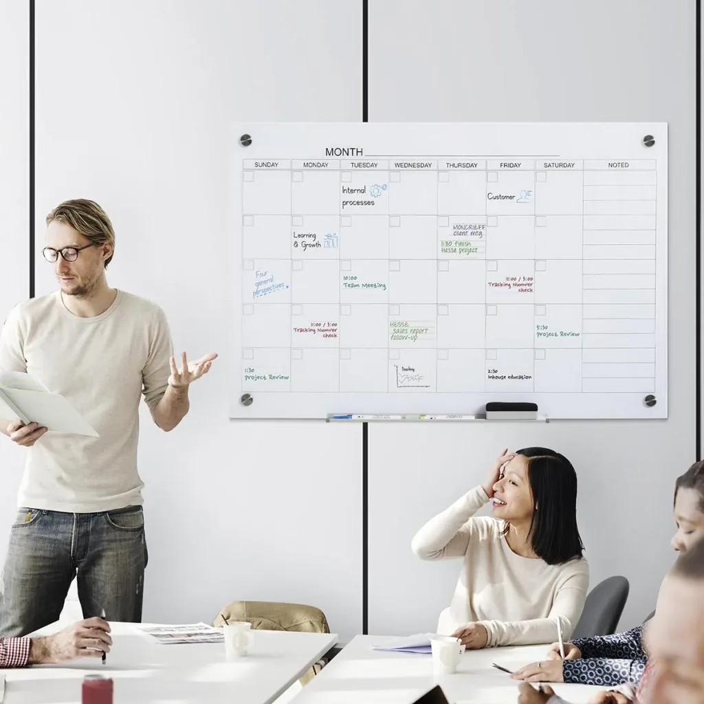 Kalendertafel Glasplatte mit 4 Glasclip Marker Radiergummi Aluminium-Stifthalter Magnettafel für Monatsplanungen magneti