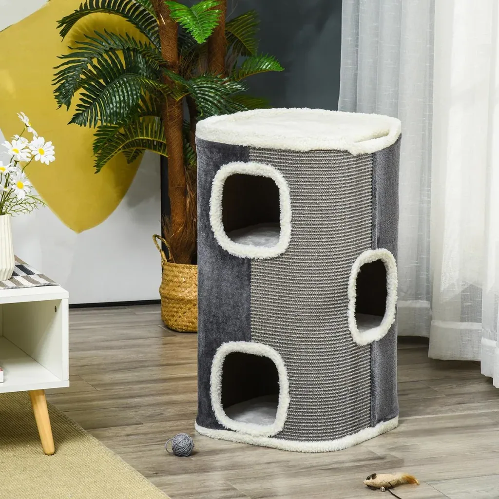 Katzenkratzbaum Katztonne 3 Ebenen Katzenbaum Kletterbaum für Katzen Katzenmöbel Spanplatte samtartiges Polyester Sisal