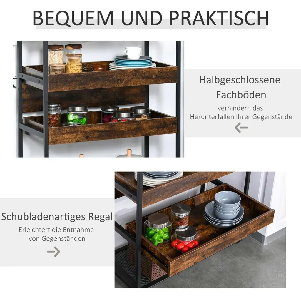 Küchenwagen Küchenrollwagen Servierwagen 3-stöckige Küchenregal Industrie-Design mit verstellbaren Füßen Rustikales Brau
