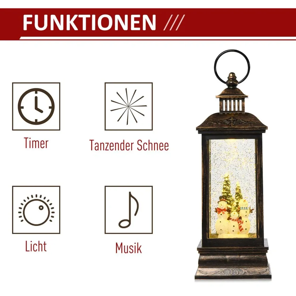 Weihnachten Schneelaterne mit Santa Musik Licht Schnee, Glaskugellaterne, 6h Timer, Metall 10,4 x 10,4 x 27,5 cm
