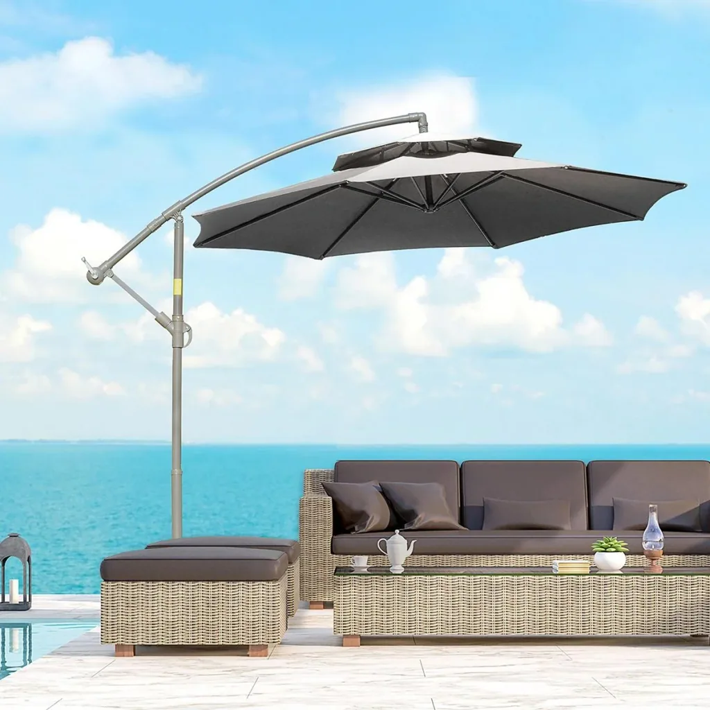 Sonnenschirm Ø2,67 x 2,7 m Doppelt überdachter schwingender Sonnenschirm Kreuzfuß Stahl Outdoor Polyester Stahl Hellgrau