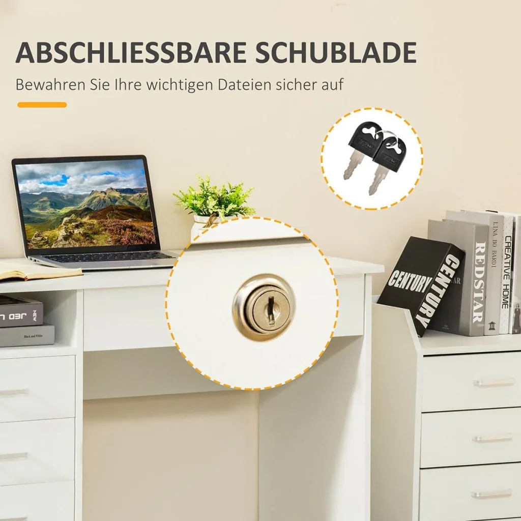 Computertisch Schreibtisch mit 5 Schubladen und Regal Bürotisch mit Schloss großer Arbeitsfläche Weiß 110 x 50 x 76 cm
