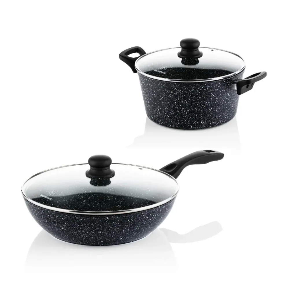 NL Schwarzer Marmor Kochset - Kochtopf 24 cm + Wokpfanne 30 cm - Schwarz